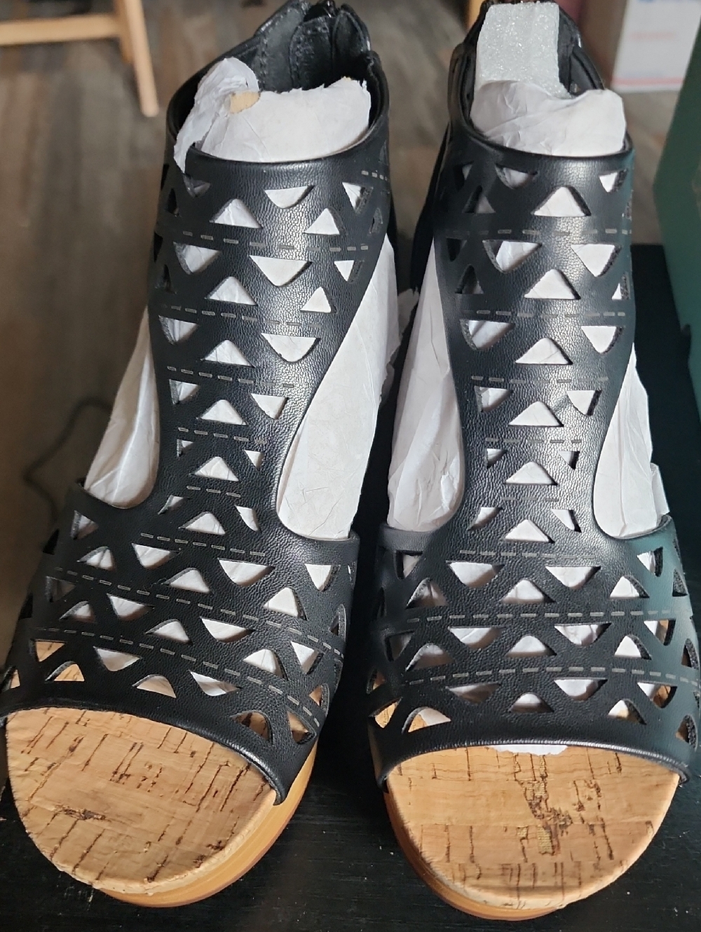 BareTraps Black Cutout Cork Wedge Sandals